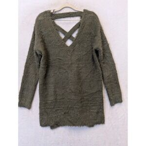Ruby Moon Sweater Dress Women's XS Olive Green Fuzzy Strappy V-Neck Eyelash Knit